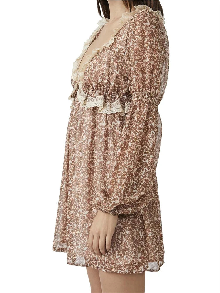 Retro Print Long Sleeve V Neck Mini Dresses