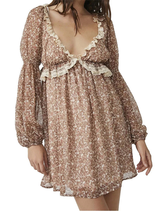 Retro Print Long Sleeve V Neck Mini Dresses