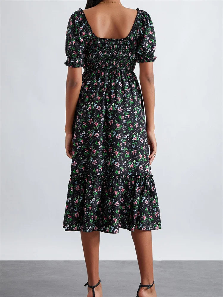 Retro Summer Print Square Neck Short Puff Sleeve Ruched Midi Dress