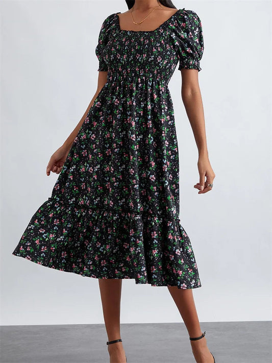 Retro Summer Print Square Neck Short Puff Sleeve Ruched Midi Dress