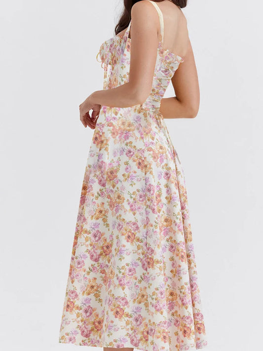 Ruched Sleeveless Strap Square Neck Lace-up High Split Midi Dress