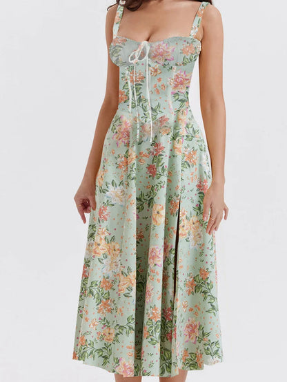 Ruched Sleeveless Strap Square Neck Lace-up High Split Midi Dress