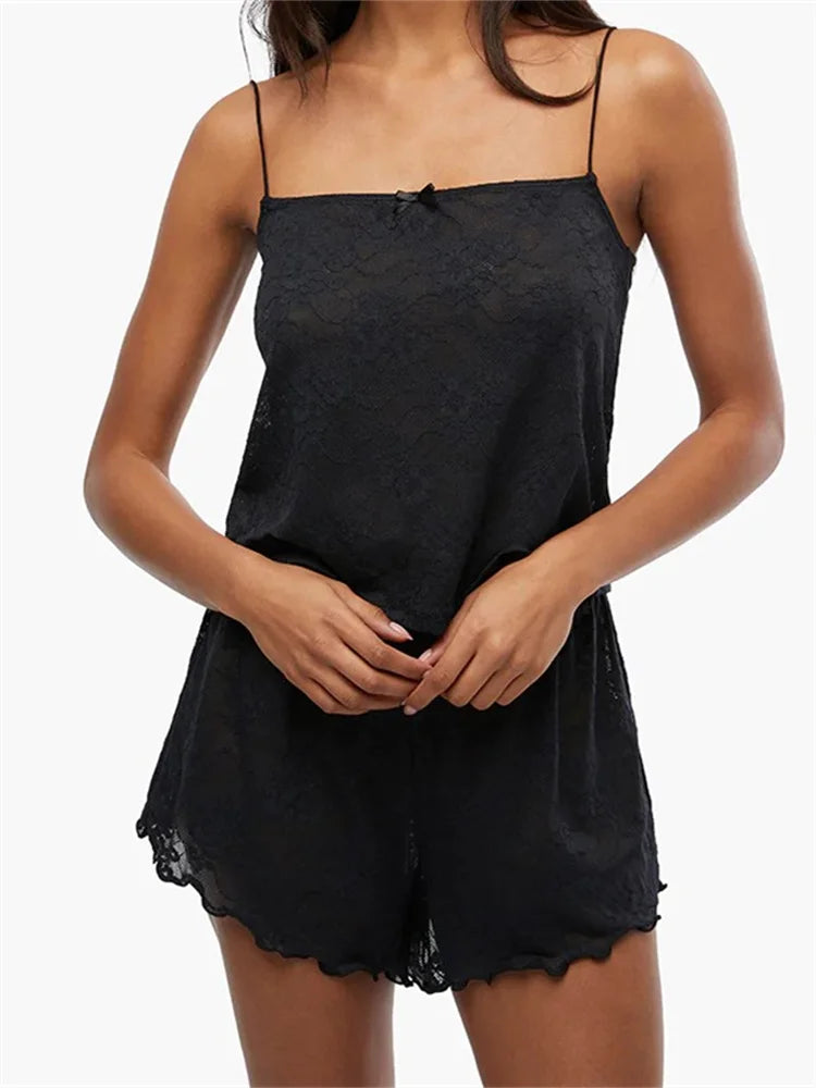 Lace 2 Pieces Summer Lounge Set Sleeveless Strap Lace Mesh Sheer Shorts Sleepwear Crop Top