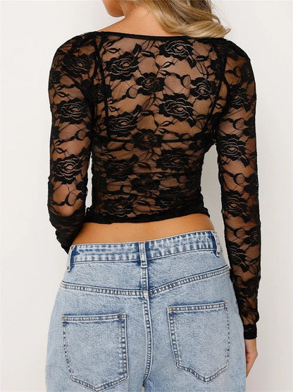 Lace Low Cut Mesh Sheer See Through Long Sleeve Summer T-shirts