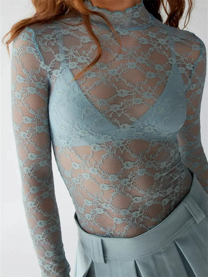 Lace Turtleneck Mesh See Through Fall Club T-shirts