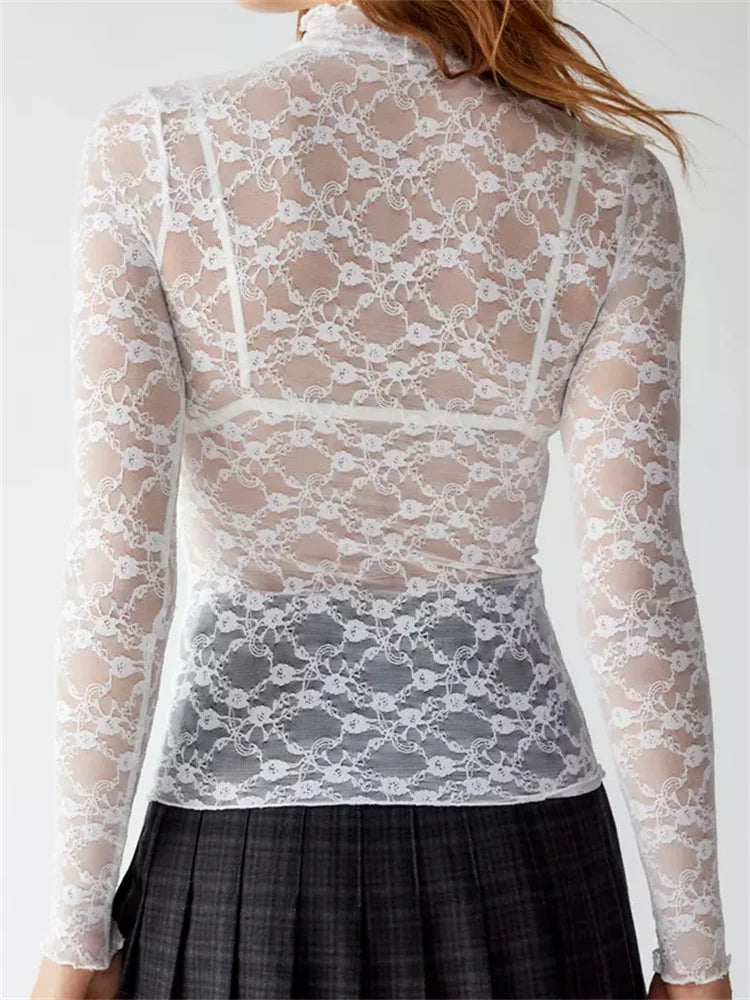 Lace Turtleneck Mesh See Through Fall Club T-shirts