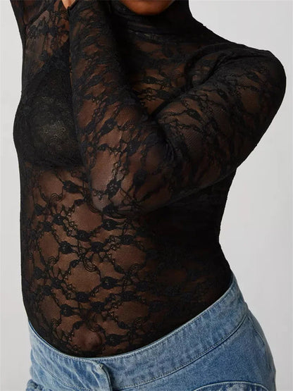 Lace Turtleneck Mesh See Through Fall Club T-shirts