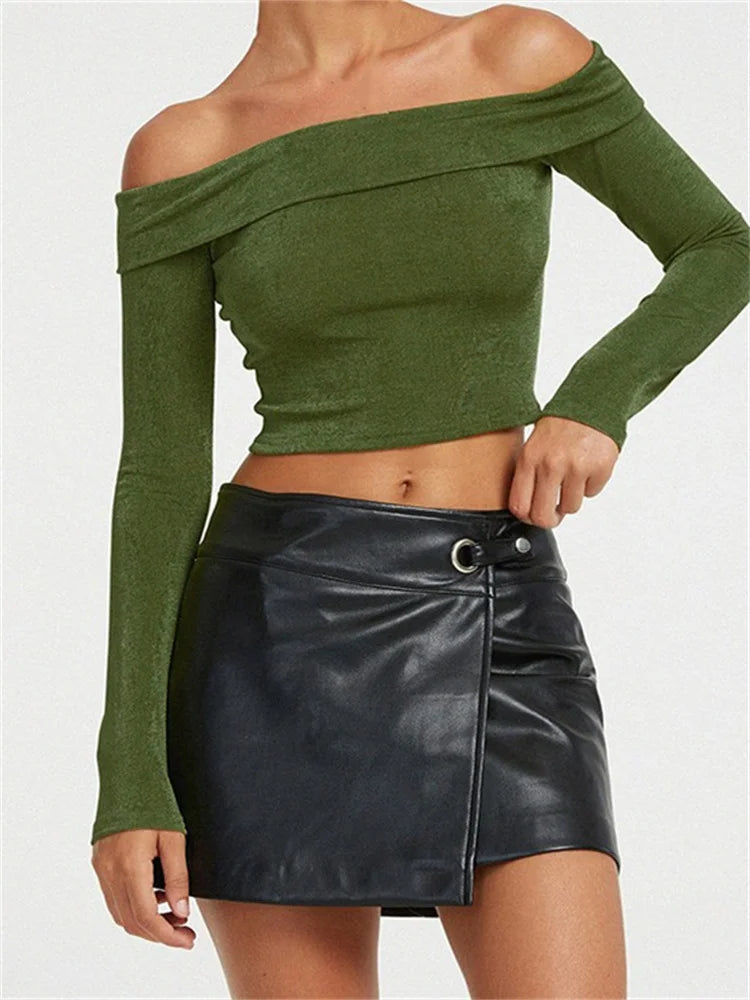 Long Sleeve Slim Fit Exposed Navel Slash Neck Off Shoulder T-shirts