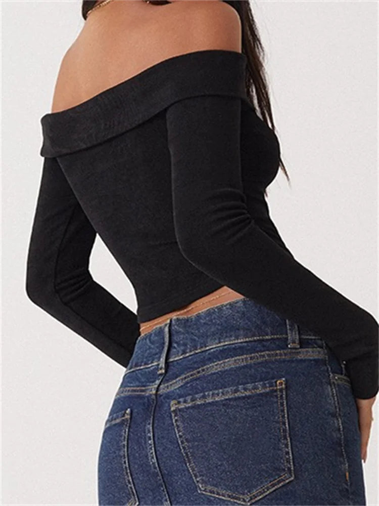 Long Sleeve Slim Fit Exposed Navel Slash Neck Off Shoulder T-shirts
