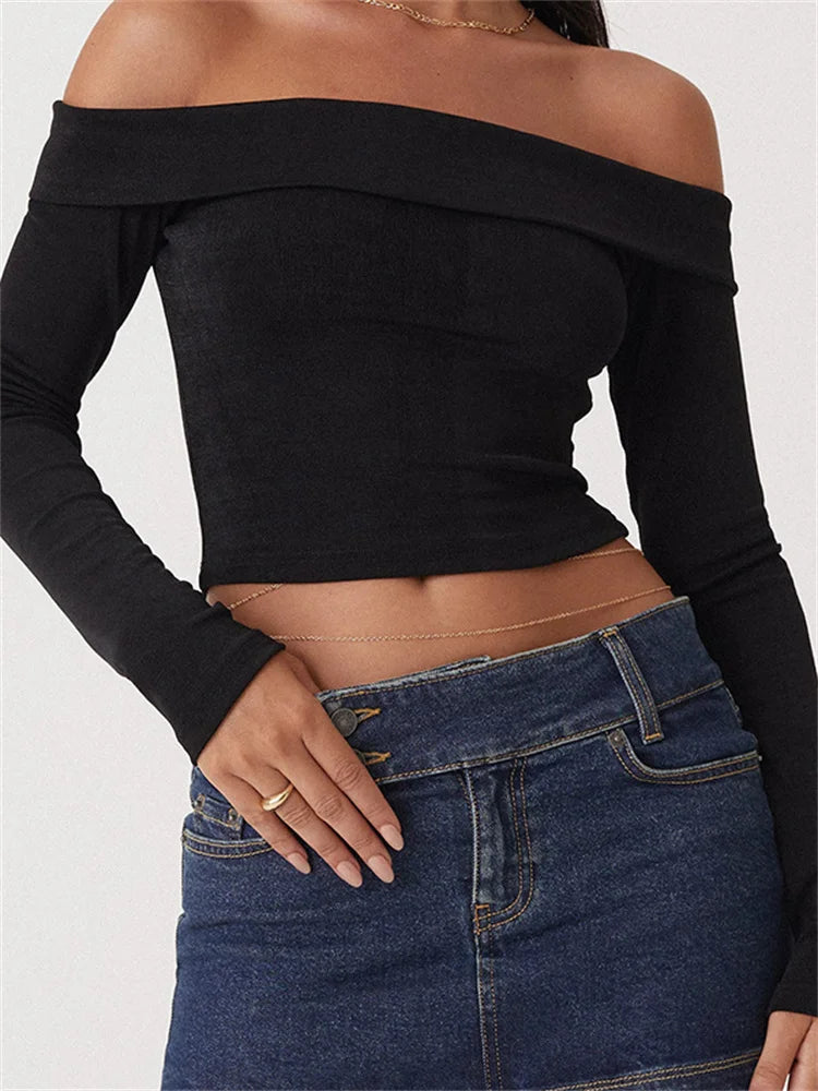 Long Sleeve Slim Fit Exposed Navel Slash Neck Off Shoulder T-shirts