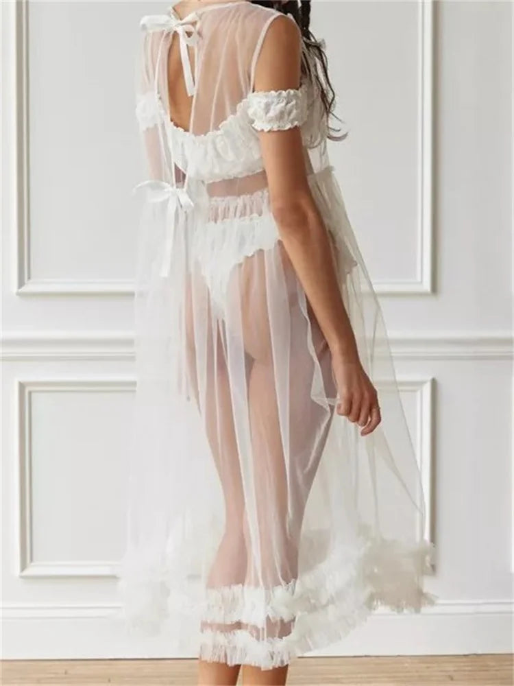 Sheer See-through Color Crew Neck Ruffles Sleeveless Midi Dress