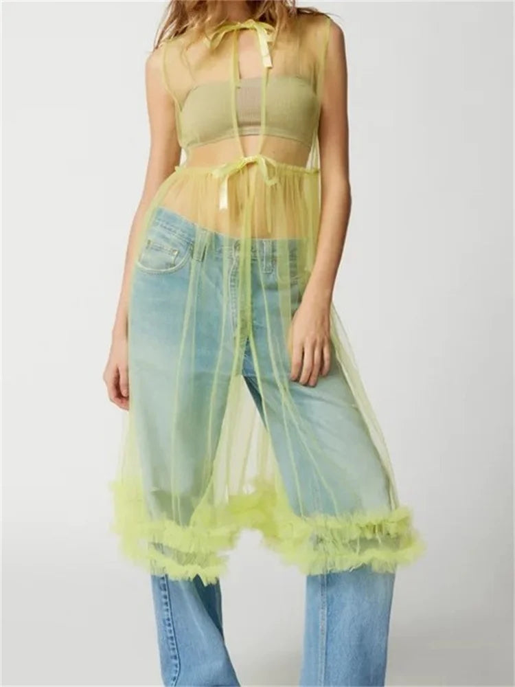 Sheer See-through Color Crew Neck Ruffles Sleeveless Midi Dress