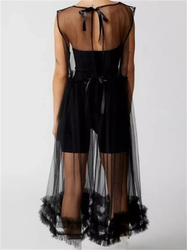 Sheer See-through Color Crew Neck Ruffles Sleeveless Midi Dress