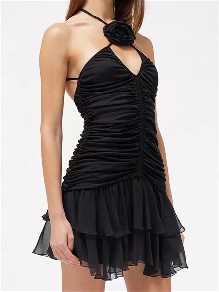 Ruffles Slim Halter Backless Mini Dresses