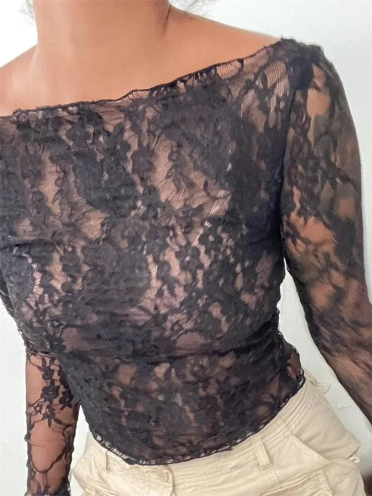 Slash Neck Off Shoulder Lace See-through Long Sleeve Pullover Club T-shirts