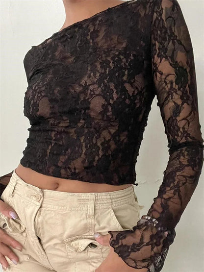 Slash Neck Off Shoulder Lace See-through Long Sleeve Pullover Club T-shirts