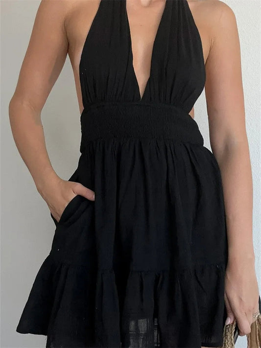 Deep V-neck Flirty Lace-up Summer Party Mini Dresses