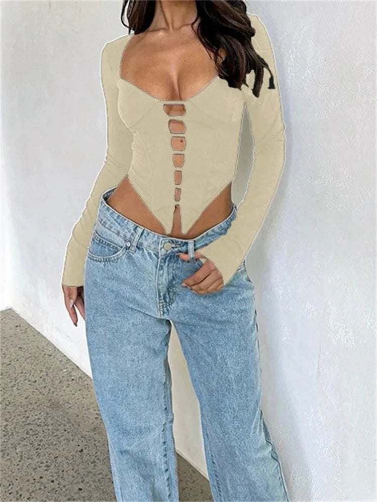 V-neck Low Cut Front Hollow Out Long Sleeve Slim Fit Irregular Hem T-shirts
