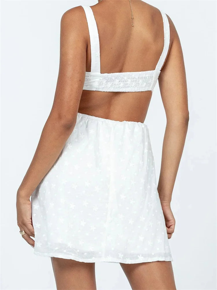 V-neck Sleeveless Backless Hollow Out Lace Mini Dresses