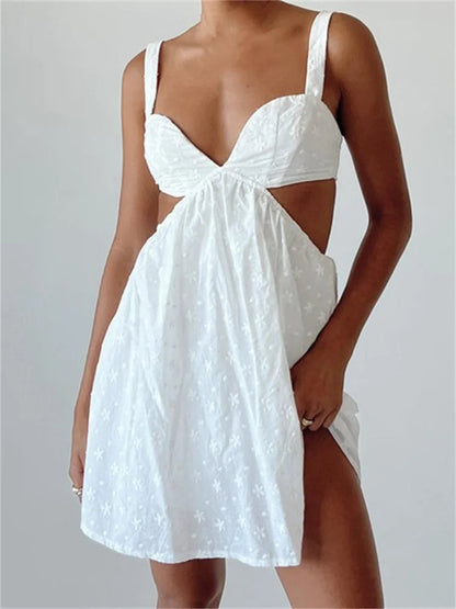 V-neck Sleeveless Backless Hollow Out Lace Mini Dresses