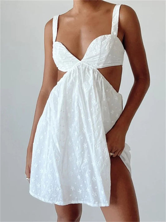 V-neck Sleeveless Backless Hollow Out Lace Mini Dresses