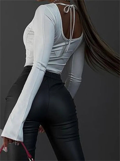 Square Neck Long Flare Sleeve Slim Fit Spring Autumn T-shirts