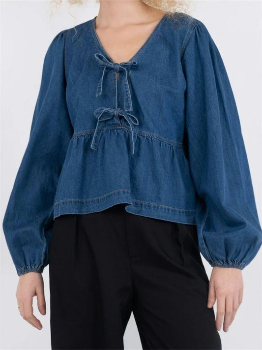 Lace-up Denim V-neck Blouse