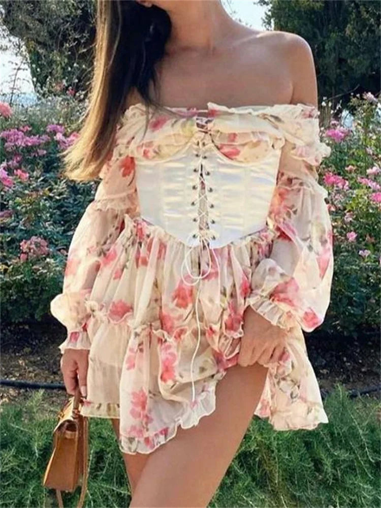 Off-shoulder 3d Flowers Long Sleeve Mini Dresses