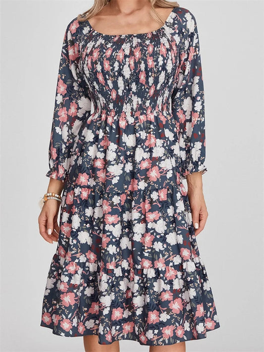 Print Long Sleeve High Waist A-line Midi Dress