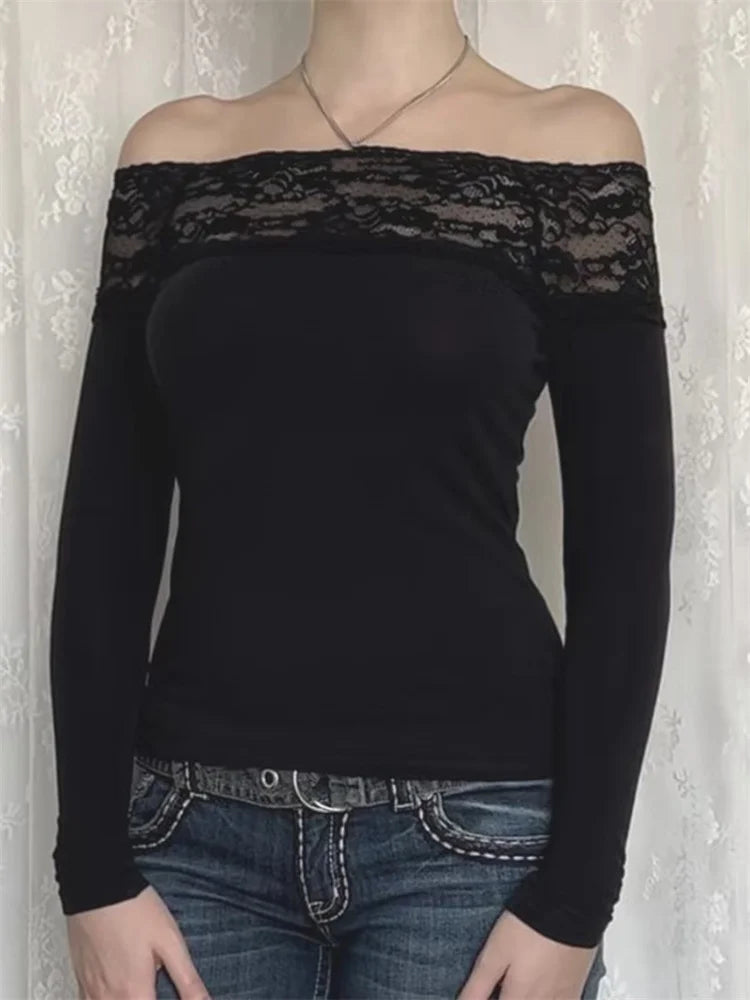 Lace Patchwork Cropped Off Shoulder Long Sleeve Slim Fit Party T-shirts