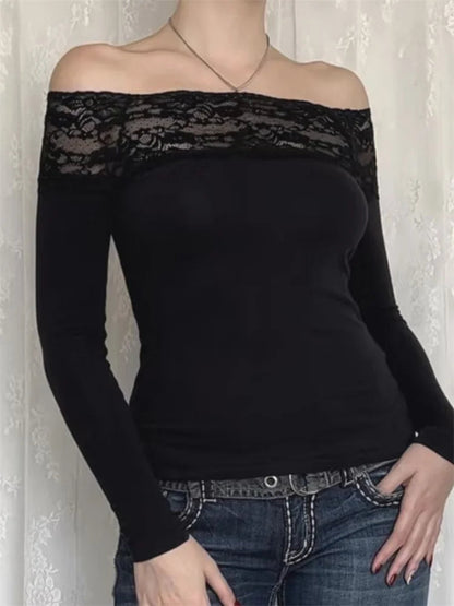 Lace Patchwork Cropped Off Shoulder Long Sleeve Slim Fit Party T-shirts