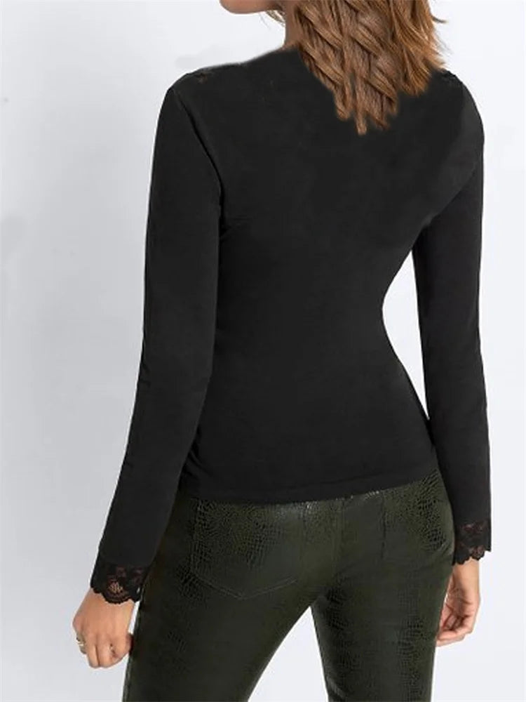 Lace Patchwork Fairy Grunge V Neck Long Sleeve Slim Fit Black T-shirts