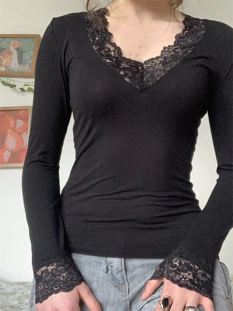 Lace Patchwork Fairy Grunge V Neck Long Sleeve Slim Fit Black T-shirts