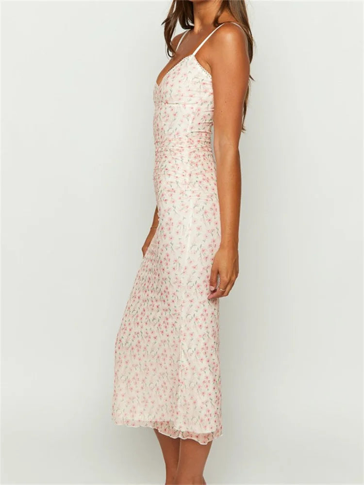 Print Sleeveless Strap Summer Slim Fit V-neck Midi Dress
