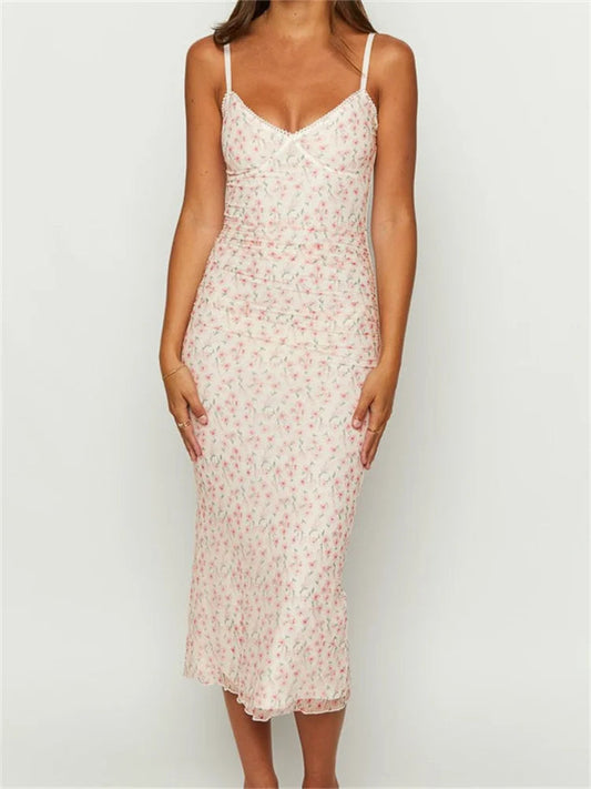 Print Sleeveless Strap Summer Slim Fit V-neck Midi Dress