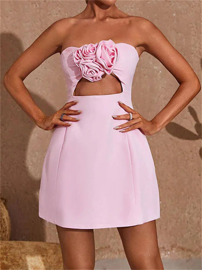 Cutout Backless Aesthetic 3d Flowers Patchwork Strapless Mini Dresses