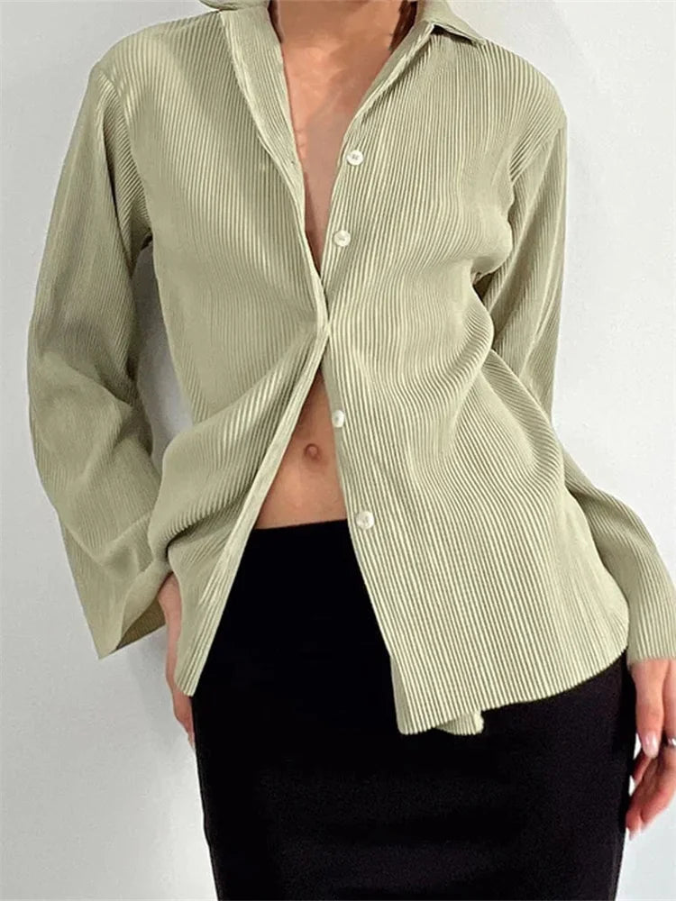Pleated V-neck Button-down Blouse