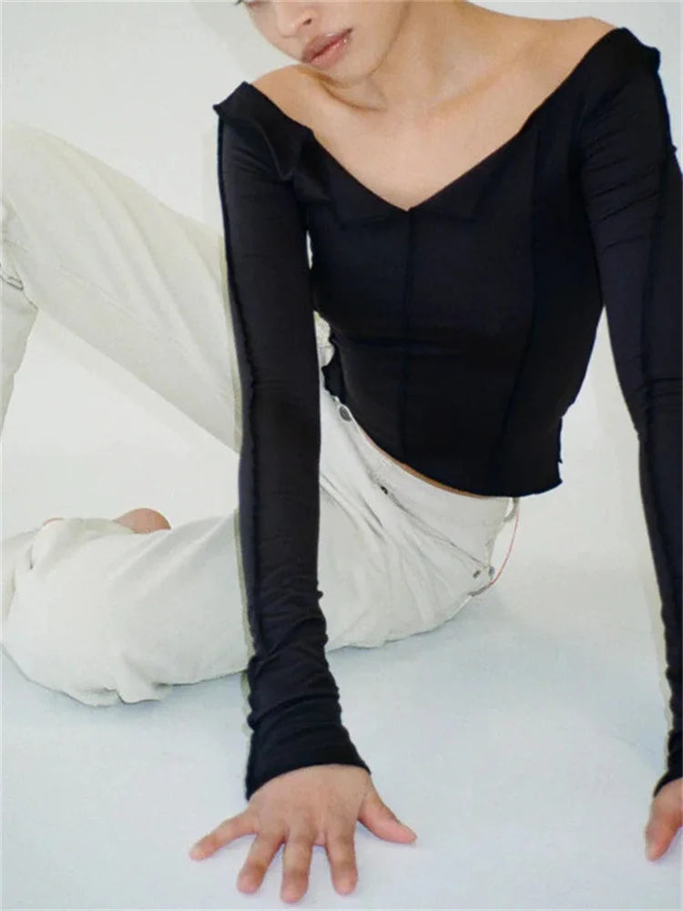 Ruched Long Sleeve Spring Fall Slim Fit Pullovers Female T-shirts