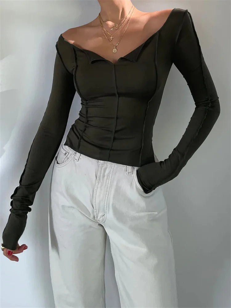 Ruched Long Sleeve Spring Fall Slim Fit Pullovers Female T-shirts