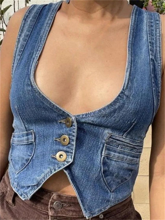 Denim Vest Sleeveless Deep V Neck Buttons Up Outwear Gilet With Pockets Slim Exposed Navel Clubwear Crop Top