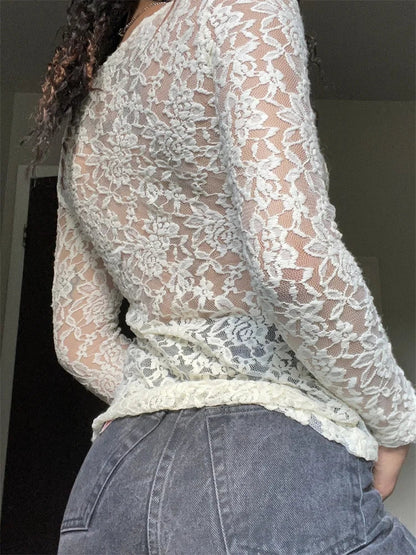 Fairy Grunge Kawaii Lace Mesh See Through White T-shirts