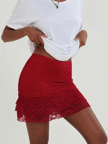 Lace Flower Sheer Ruffles Skirt
