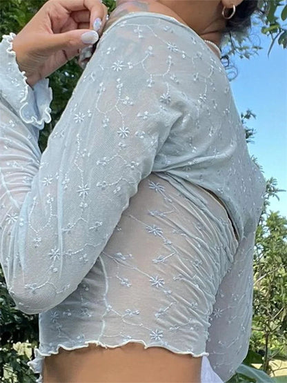 Flower Embroidery Tube Strapless Off Shoulder Mesh See Through Vest Summer With Long Sleeve T-shirts Crop Top