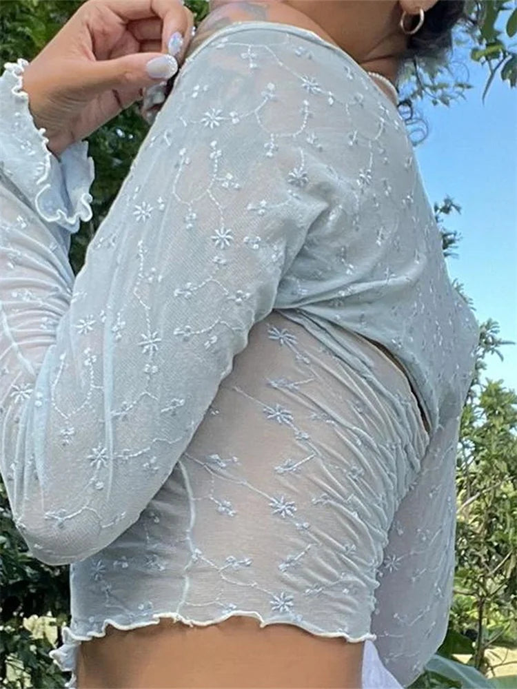Flower Embroidery Tube Strapless Off Shoulder Mesh See Through Vest Summer With Long Sleeve T-shirts Crop Top