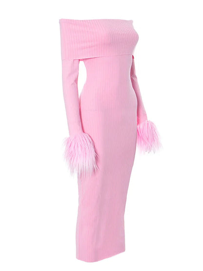 Knitted Long Sleeve Off-shoulder Fur Patchwork Ribbed Bodycon Midi Dress