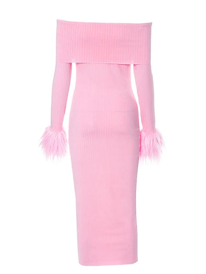 Knitted Long Sleeve Off-shoulder Fur Patchwork Ribbed Bodycon Midi Dress