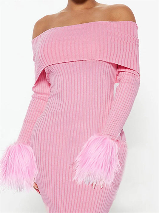Knitted Long Sleeve Off-shoulder Fur Patchwork Ribbed Bodycon Midi Dress