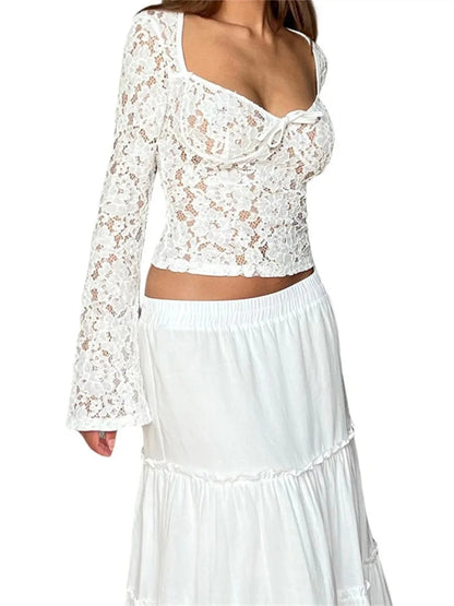 Lace Hollow Out Cropped Long Flare Sleeve V-neck Slim Fit T-shirts