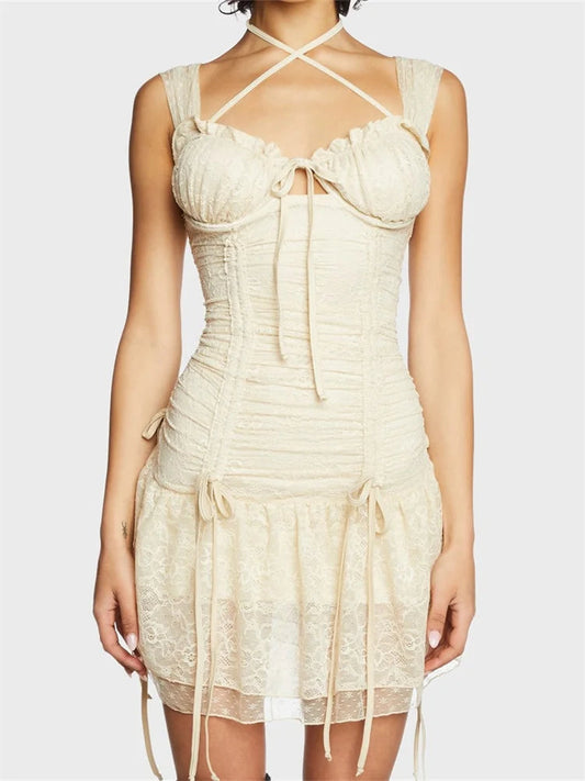 Lace Ruched Sleeveless Strap Mini Dresses