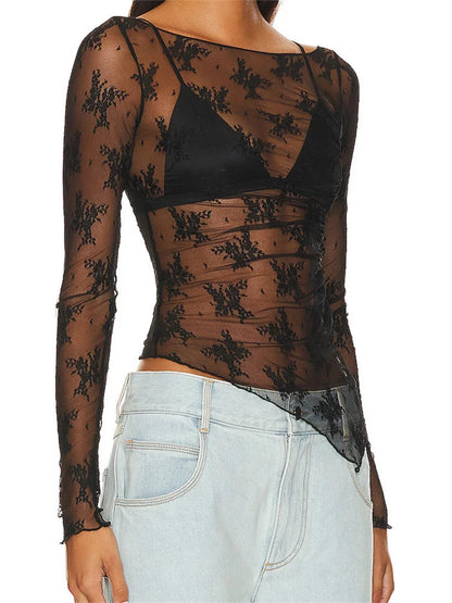 Lace Long Sleeve Asymmetrical Hem Crop Mesh See Through Black Slim T-shirts